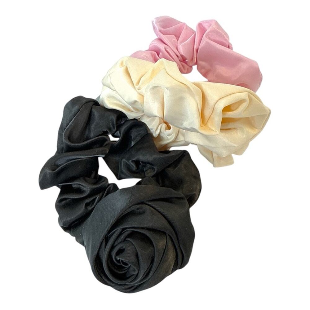 Wild Fable Satin Scrunchie Set Black Cream Pink Hair Ties 3 Pack NEW